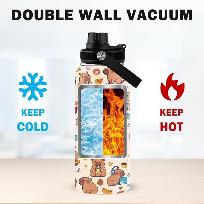 Capybara Gifts, 32 oz Insulated Water Bottle, Stainless Steel Water Bottles, Sports Travel Bottles, Cute Capybara Cups Gifts for Girls Women Capybara Lovers (1pcs)