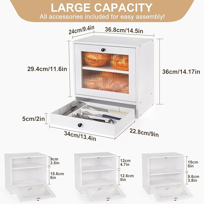 Sunhoo Bread Box for Kitchen Countertop Bin 2 Layer Wooden Bread Storage Breadbox Holder Large Capacity Container Bread Organizer Farmhouse Keeper Shelf with Drawer Acrylic Window (White