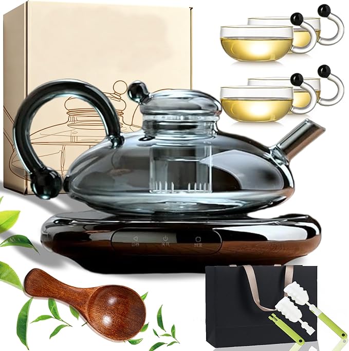 Electric Glass Teapot with Warmer - 20 Oz Glass Electric Tea Kettle with Infuser, 9-Temperature | 1000w Heating Ceramic Stove, TeaPot Set with Infuser for Loos Tea & Coffee (B with 4 Cups)