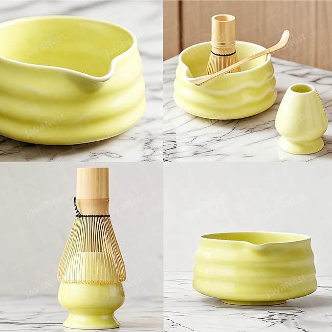 Matcha Bowl with Pour Spout & Whisk Holder, Traditional Japanese Ceramic Chawan Tea Set, Thick Non-Slip Matcha Mixing Bowl for Whisking & Pouring, Tea Ceremony Gift (Green)