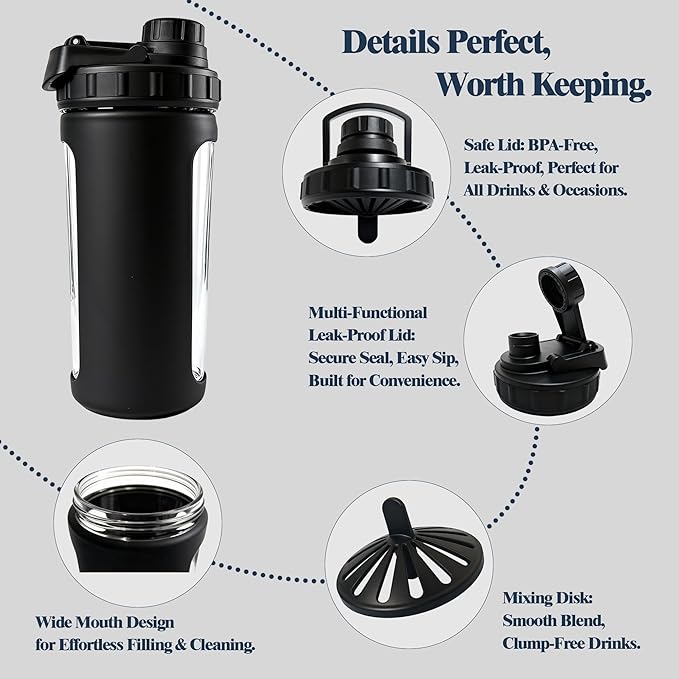 Glass Shaker Cup Odorless BPA Free– Glass Shaker Bottle for Protein 26oz Durable Borosilicate Glass, Leak-Proof & BPA-Free – Ideal for Creamy Protein Shakes, Smoothies & Workout Drinks (Black)