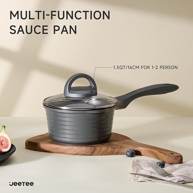 JEETEE Ceramic Sauce Pan with Lid, 1.5 QT Titanium Non Stick Cooking Pot for Home Kitchen, Suitable for Induction, Non Toxic, PFOA/PFAS Free (Gray)