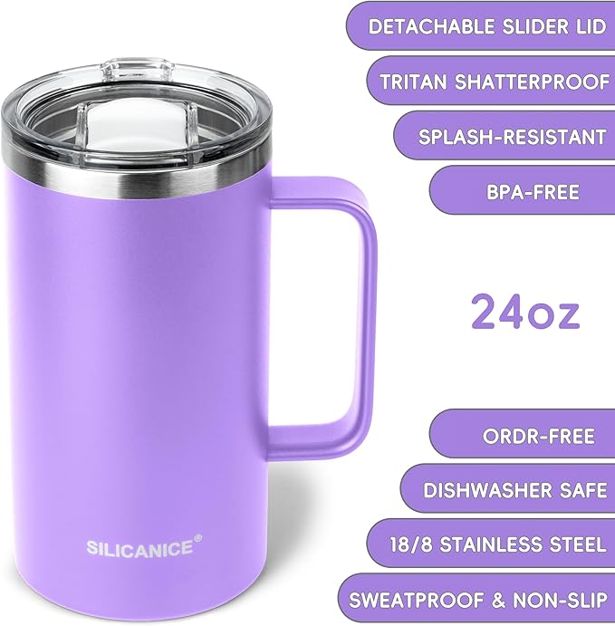 14/24oz Insulated Coffee Mug Cup With Handle, 304 Stainless Steel Vacuum Insulation, Tritan Detachable Slider Lid, BPA Free, Dishwasher Safe - Office & Home -Lilac