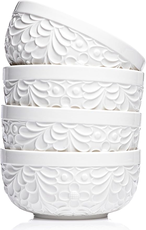 Ceramic Bowls for Kitchen with Nature-Inspired Engravings - Versatile Ramen Bowl Set for Pho, Chili, Oatmeal, Cereal, Rice, Fruit, Soup - Dishwasher, Microwave, Oven, Freezer Safe - 22 Oz, Set of 4