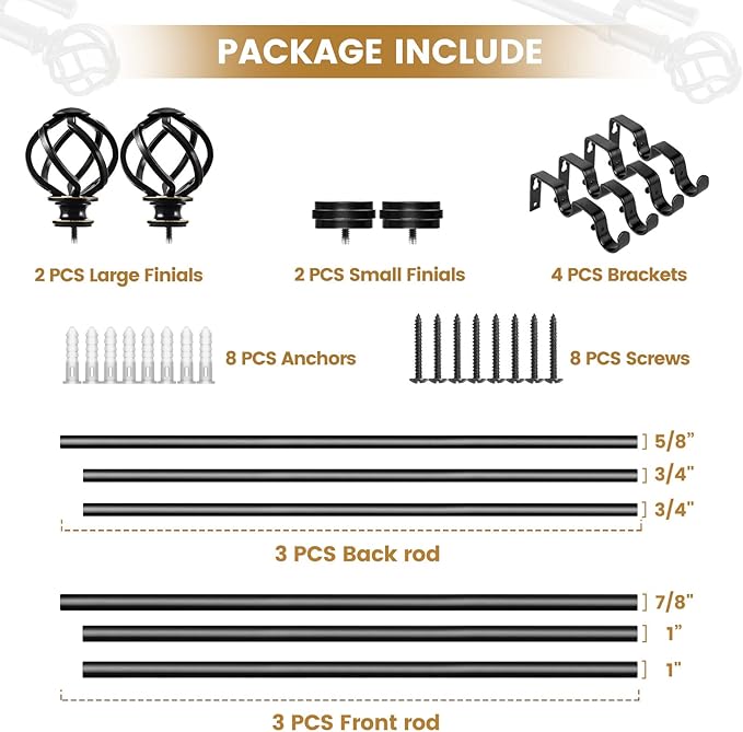 KAMANINA 1 Inch Double Curtain Rod 72 to 144 Inches (6-12 Feet), Black Curtain Rods for Windows 66 to 120, Heavy Duty Telescoping Drapery Rods with Twisted Cage Finials