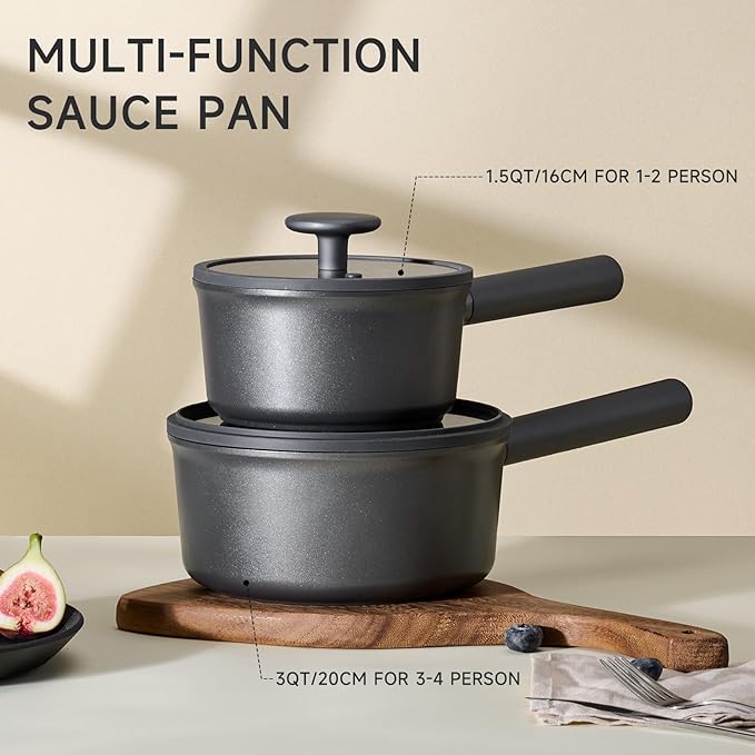 JEETEE Titanium Sauce Pan with Lid, 1.5 QT Non Stick Cooking Pots, Oven & Dishwasher Safe, Ideal for Sauces Soups and Heating Milk, PFOA/PFAS Free (Gray)