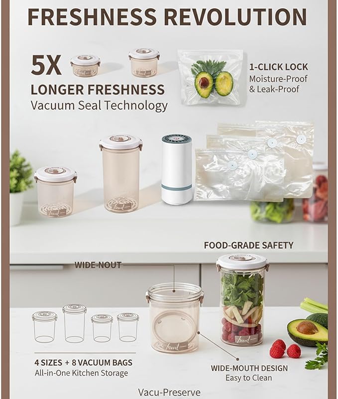 Vacuum Container,Vacuum Seal Containers,4pcs Airtight Food Storage Containers with Lids,8pcs Food Vacuum Bags/ 1pc Automatic Pump, Marinade and Keep Food Fresh with Time Dial, BPA Free(Circular)