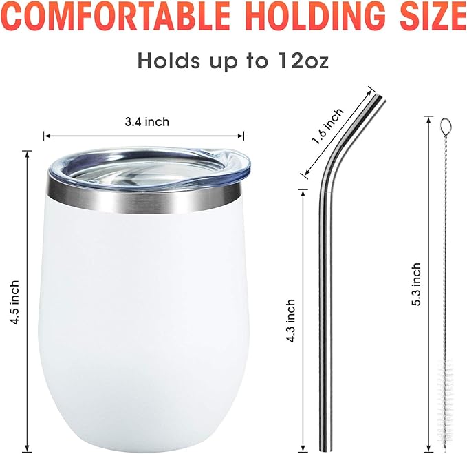 COMOOO 12oz Stainless Steel Wine Tumbler with Lid and Straw, Double Wall Vacuum Insulated Travel Tumbler Cup Stemless for Hot and Cold Drinks, Coffee, Wine, Cocktails, White