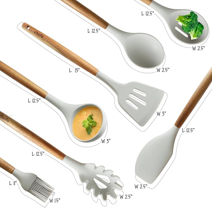 Silicone Cooking Utensils | Wooden Handle, Non-Stick Cookware Heat Resistant Kitchen Utensil Spatula, Slotted & Solid Spoon, Soup Ladle, Slotted Turner and Spaghetti Server,| Acacia Wood - Light Grey