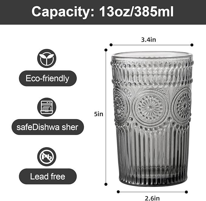 Vintage Glassware Drinking Glasses Set of 6,13 oz Grey Textured Flower Design Glass Water Tumblers，Embossed Striped Drinkware for Water,Cocktails,Juice,Iced Coffee