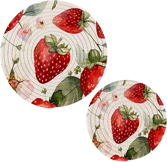 Cute Watercolor Strawberries Kitchen Trivets Pot Holders Set of 2, Trivets for Hot Pots Dishes Woven Trivet Coaster Pad Mat for Counter