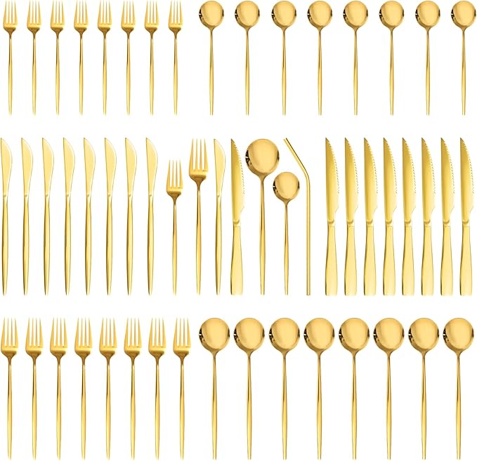 Astercook Silverware Set 48-Piece Gold Flatware Set with Steak Knives Food-Grade Stainless Steel Cutlery Set for 8 Mirror Polished Utensils Set Include Spoons and Forks for Home Kitchen Restaurant