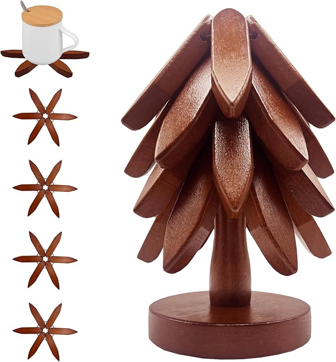 Wooden Trivets for Hot Dishes, Tree Shape Trivet Set, 4 Wooden Trivets + 1 Stand, Stackable Christmas Tree Design, Natural Foldable Kitchen Wooden Trivet, for Pans, Pot, Bowl, Teapot, Hot Pot Holder
