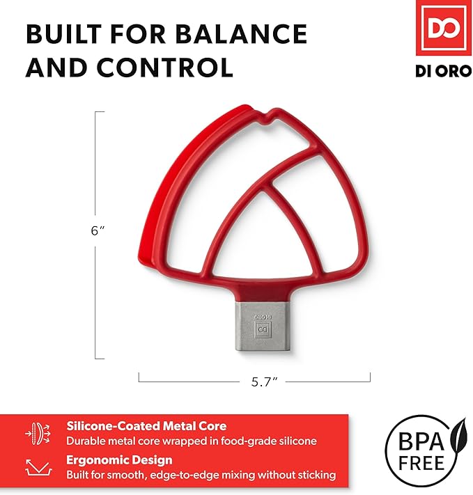 DI ORO Seamless Series Flex Edge Beater for KitchenAid Tilt-Head Stand Mixer - 4.5-5 Quart Flat Beater Paddle - Flexible Silicone Edges for Scraping and Mixing Bowls - Dishwasher Safe & BPA Free (Red)