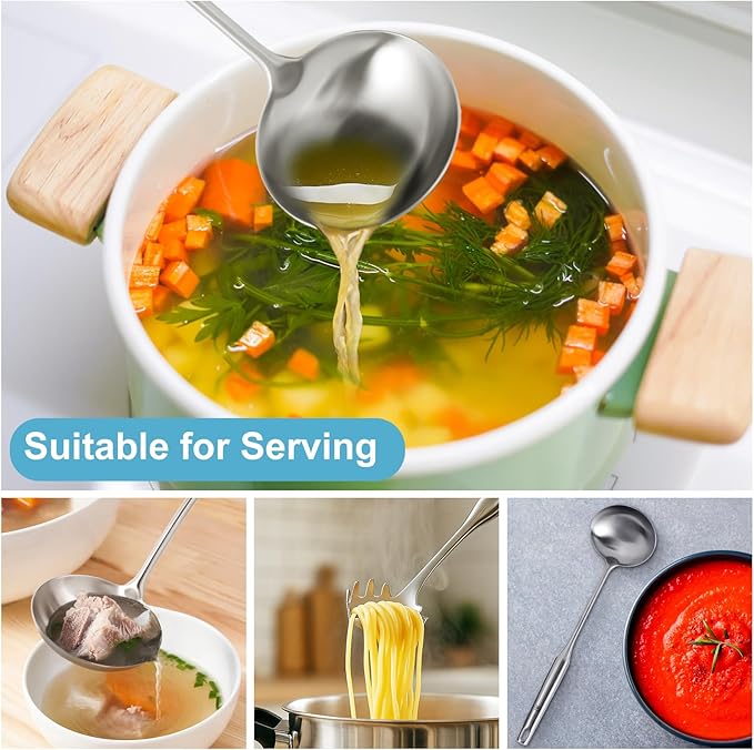 Stainless Steel Soup Ladle and Spaghetti Spoon Set - Large Ladle Spoon, Pasta Strainer, Durable Kitchen Cooking Utensils for Stirring, Serving Pasta, Soup & Sauce [Heat Resistance，Integral Forming]