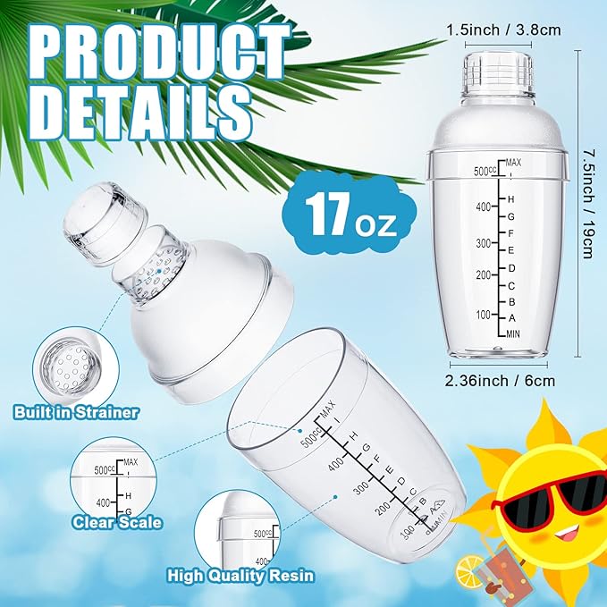 Lallisa 12 Pcs Plastic Cocktail Shaker Drink Mixer with Scales and Strainer Top Clear Shaker Cup with Measurement Plastic Bar Mixing Tool for Tea Coffee Bubble Tea Milk(550 Cc/ 19 oz)