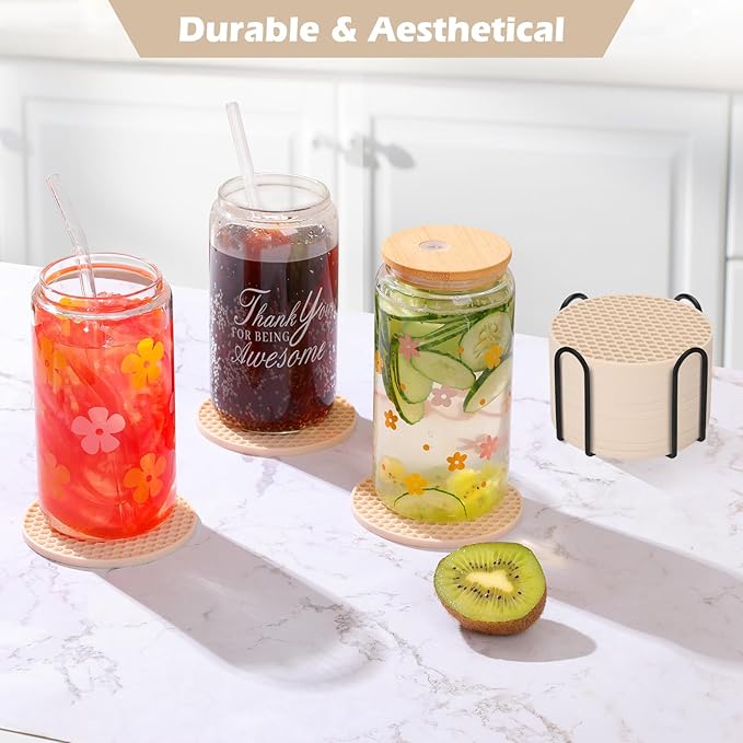 Coasters Set of 6 with Holder,Coasters for Drinks,Coffee Table Decor Coaster,Suitable for Kinds Cups,Anti-Slip,Non-Stick,Silicone Cup Coaster and Living Room Decor (6 Pcs, Tapioca)