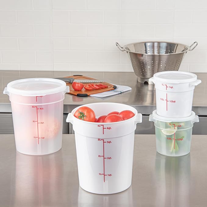 Restaurantware-Met Lux 4 Quart Food Storage Containers, 10 White Storage Containers - Lids Sold Separately, Red Volume Markers, Dishwashable Containers, Side Handles, For Storing Foods