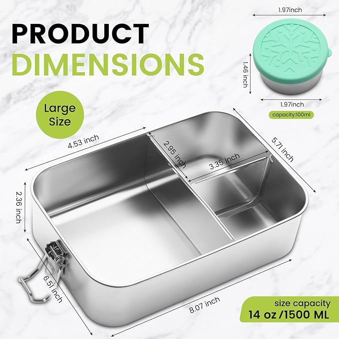 Stainless Steel Bento Lunch Box 1500ML,3 Compartment Metal Bento Lunch Boxes with 100ml Leak-proof Condiment Container,Metal Food Storage for Work Adults