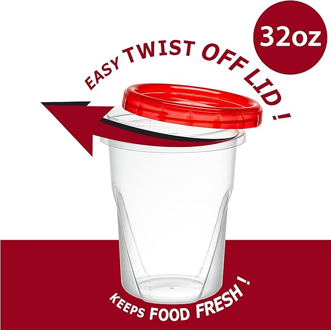 (32 Ounce 10 Pack) Twist cap Containers Clear Bottom With Red Top Screw on Lids Twist Top Food Storage Freezer Containers