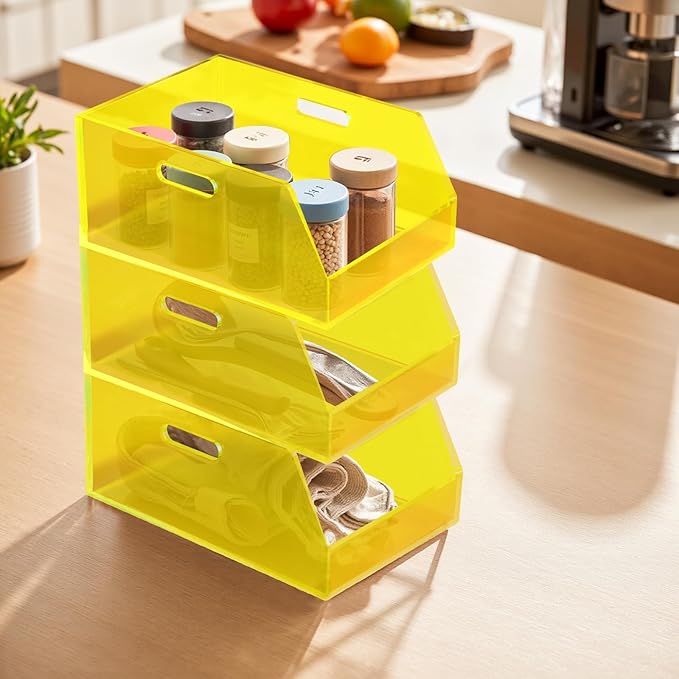 Gelite Stackable Storage Bin Organizer with Handles Acrylic Storage Container for Toy Pantry Kitchen Cabinet Bathroom Closet Office Organization, 11.4x7.5x5.1'', Neon Yellow