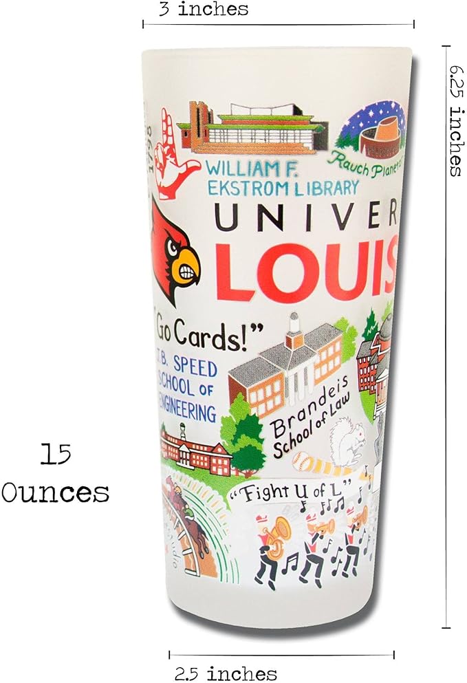Catstudio Drinking Glass, University of Louisville Glass Cup for Kitchen, 15oz Dishwasher Safe Tumbler for UofL Alumni
