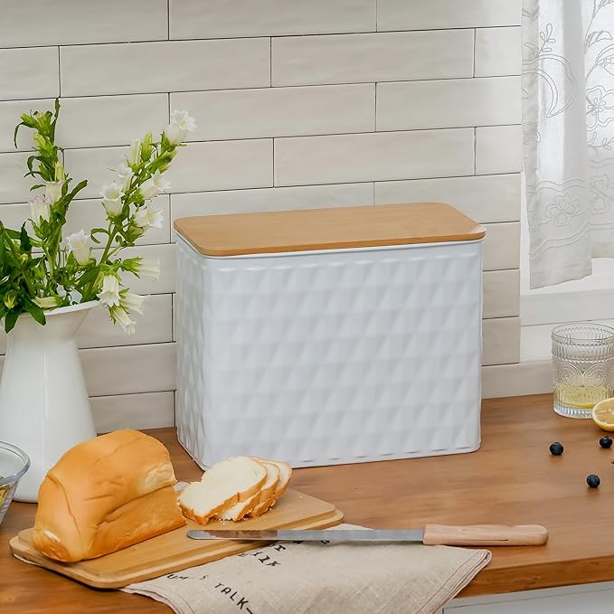 Extra Large Bread Box for Kitchen Countertop Corner Breadbox for Homemade Bread Metal White Diamond Pattern Embossed Storage Container Bin with Bamboo Lid Fits 2 Loaves of Bread