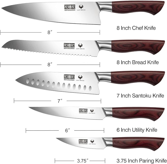 HOSHANHO 5-Piece Japanese Style Kitchen Knife Set,Professional Ultra Sharp High-Carbon Stainless Steel Chefs Knives with Ergonomic Wood Handle,Elegant Box Packaging