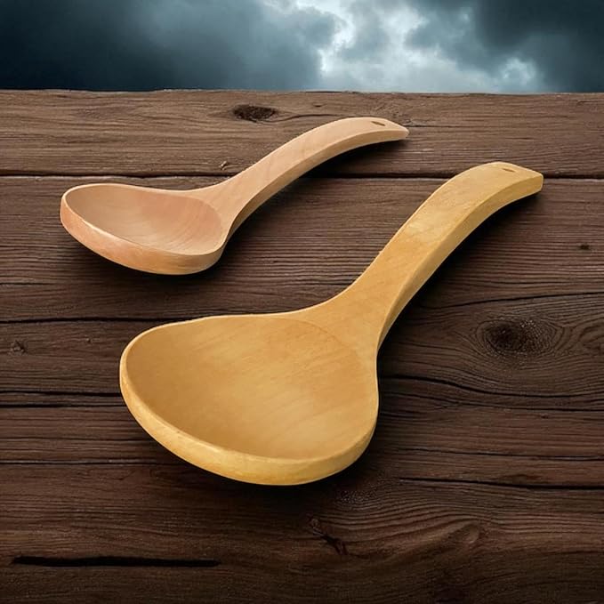 2 Pack Wooden Ladle Set (Large & Small) – Handmade Long Handle Soup Ladles for Cooking & Serving, Natural Wood Kitchen Cookware