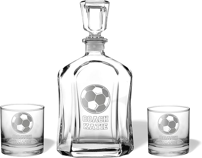 Soccer Coach Gift - Personalized Soccer Gift, Soccer Accessories, Best Coach gifts for coaches, End of Season, Girls Soccer Coach Gifts (Soccer, Whiskey Decanter Set)
