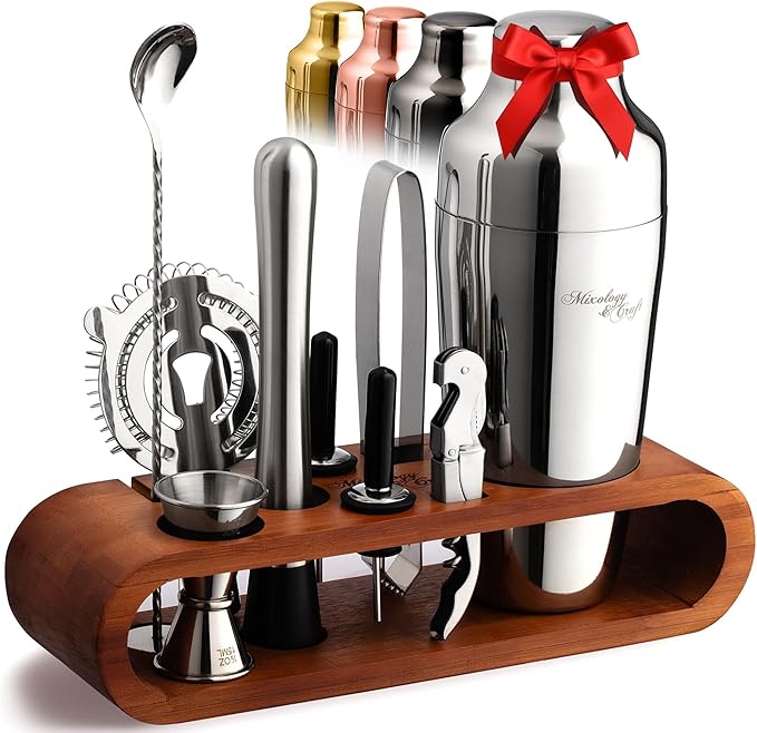 Mixology & Craft Bartender Kit: 10-Piece Cocktail Shaker Set with Dark Bamboo Stand | Complete at Home Bar Set with Bar Accessories | Great Housewarming Gift | Leak-Proof Design (Silver)
