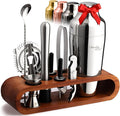 Mixology & Craft Bartender Kit: 10-Piece Cocktail Shaker Set with Dark Bamboo Stand | Complete at Home Bar Set with Bar Accessories | Great Housewarming Gift | Leak-Proof Design (Silver)