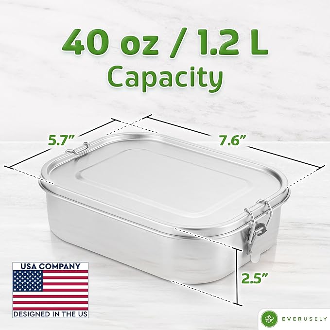 Everusely - Bento Box - Stainless Steel Lunch Box for Adults - 40 oz, 1.2 L - 3 Compartment Snack Container with Removable Silicone Seal + Secure Lock Clips - Non Plastic, Leakproof, Dishwasher Safe