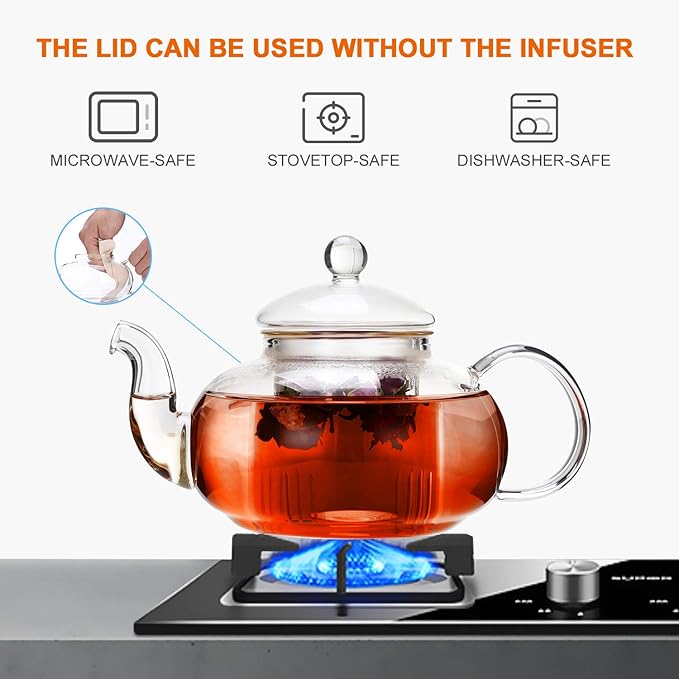 CnGlass 33.8oz Glass Teapot with Removable Infuser,Stovetop Safe Tea Kettle with Glass Tea Warmer 5.3 in/13.5cm Diameter