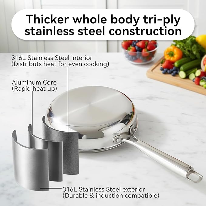 Professional Grade 316L Stainless Steel Frying Pan | 9.5 Inch Skillet with Glass Lid | Healthy PFOA/PFOA-Free & Dishwasher Safe | Induction & Gas Stove Compatible, Oven Safe to 500°F
