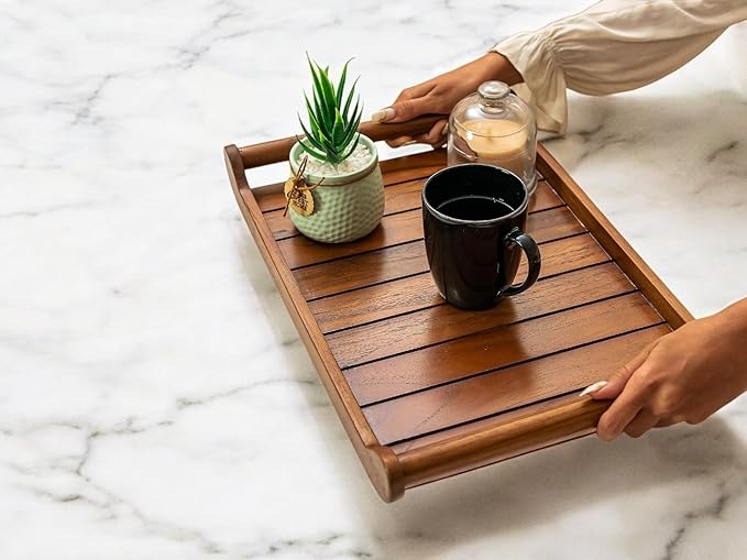 Vesta Homes Extra Large Teak Wood Serving Tray for Home, Kitchen, Breakfast, Restaurant, Office Organizer, Dining Table | Premium Wooden Serving Trays |18*12*2.25 Inches | Handcrafted in India