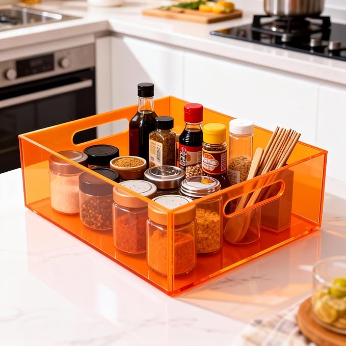 Large Storage Bin Acrylic Pantry Storage Container with Handles Kitchen Organizer Bin for Cabinet Cupboard Organization, Heavy Duty, 15.4 x 11.4 x 5.5'', Neon Orange