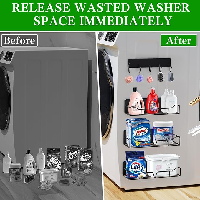 Magnetic Shelves for Washing Machine & Fridge Utentils Rack 5 Pack- Metal Heavy Duty Magnetic Shelf Magnetic Laundry Organizer with Hooks and Towel Holder for Magnetic Laundry Room Storage (Black)