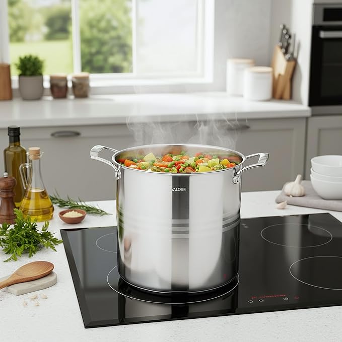 Valore 24 qt Stainless Steel Stock Pot with Lid & Canning Rack - 5-ply Soup Pot with Brushed Stainless Finish & Riveted Handles