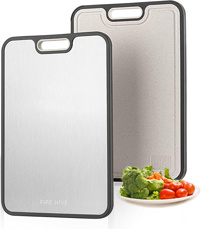 FIRE HIVE Upgraded Universal High Hardness Stainless Steel & Platycodon PP Material Double-Sided Cutting Board, Suitable for Non-toxic Cutting Boards with Juice Troughs for Home and Kitchen Use
