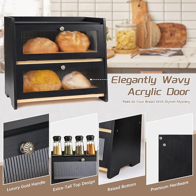 Bread Box For Kitchen Countertop, Black Breadbox, Bread Boxes for Kitchen Counter Organizer Decor Storage, Wooden Storage Box Breadbox, Housewarming Birthday Wedding Christmas Gift