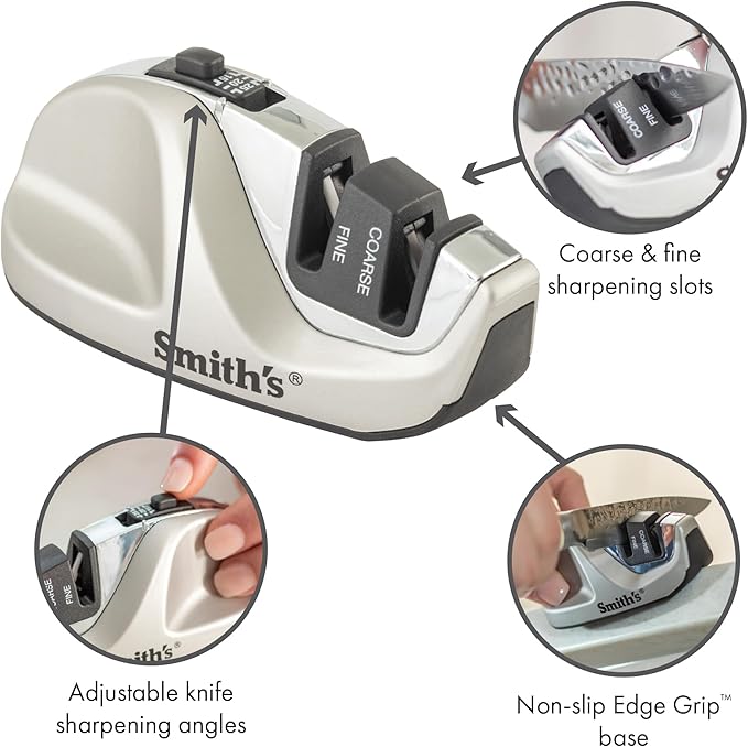 Smith's 51023 Adjustable Diamond Edge Grip Sharpener - Grey - Coarse & Fine Sharpeners - Compact - Stable Non-Slip Base – Pull Through Knife Sharpener