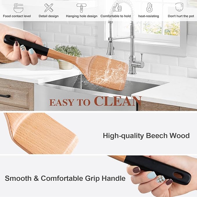 Wooden Spoons For Cooking, 6 PCS Natural Beech Wooden Cooking Utensils with Hanging Hole, Smooth Grip, Kitchen Essentials, Black