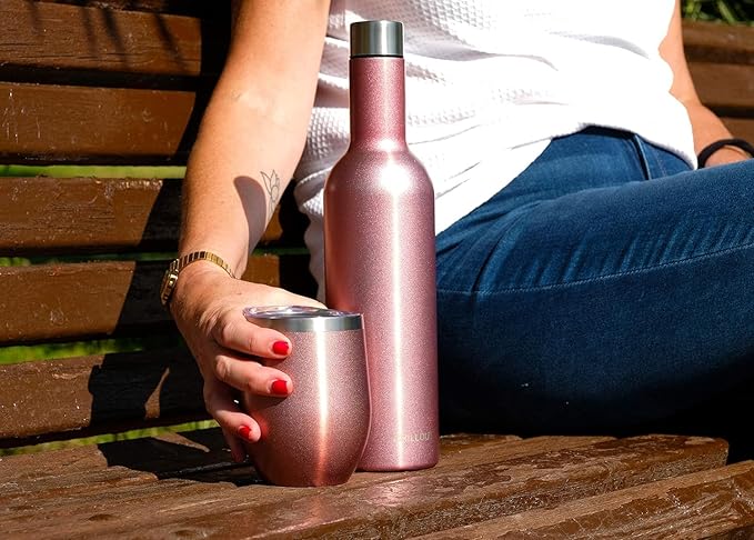 CHILLOUT LIFE 12 oz Stainless Steel Wine Tumblers 2 Pack & 1 Insulated Wine Bottle - Double Wall Vacuum Insulated Wine Glasses Cups with Lids and Straws Set Keeping Cold & Hot Gift Set - Rose Gold