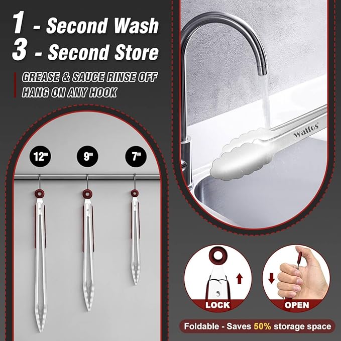 Walfos Stainless Steel Kitchen Tongs - 7, 9 & 12 Inch Heavy Duty Locking Metal Tongs for Cooking, BBQ Grilling, Set of 3 Non-Slip Grip (Wine Red)