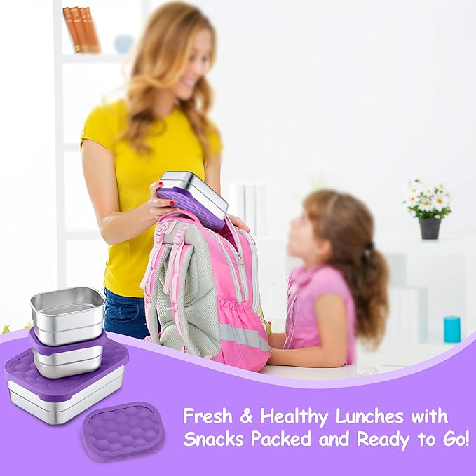 Homikit 3 Pack Kids Lunch Box Set, 18/10 Stainless Steel Bento Boxes with Silicone Lids Leak Proof, 5 Cups Reusable Metal Food Snack Containers for School Daycare, Nontoxic & Dishwasher Safe, Purple