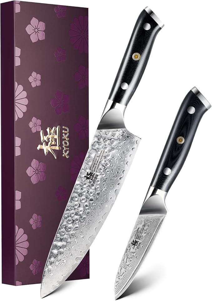 KYOKU Knife Set, Shogun Series 2pc Japanese Style Kitchen Knife Set, 8" Chef 3.6" Paring Knife with Sheath Gift Box, Professional Sharp Damascus Stainless Steel Knives for Meat Vegetable Fruit