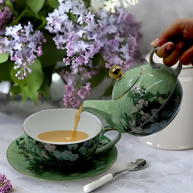 Porcelain 13 OZ Tea for One Teapot and Cup Set Vintage Floral Ceramic Tea Set European Style Tea pot and Saucer Set (White Roses)