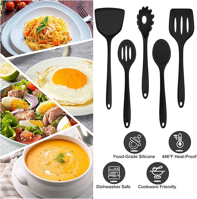 TeamFar Silicone Cooking Utensils Set, 5-Piece Heat Resistant Kitchen Utensils Set, Nonstick Slotted Solid Spoon Turner Pasta Server for Frying, Serving, Mixing, Non-Toxic & Dishwasher Safe, Black