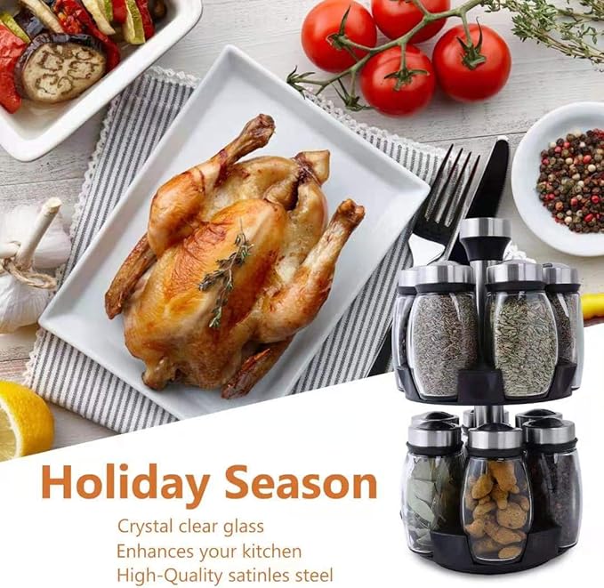 Handisen Revolving Spice Rack Organizer Storage for kitchen, Spice Stand Holder, Spinning Countertop Herb and Spice Rack Organizer with 12 Glass Jar Bottles Set